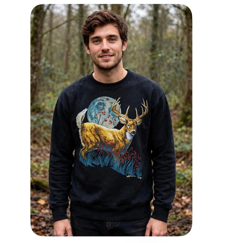 Vintage Hanes Buck Deer Moon Nature Graphic Sweatshirt Black Mens Large USA Made